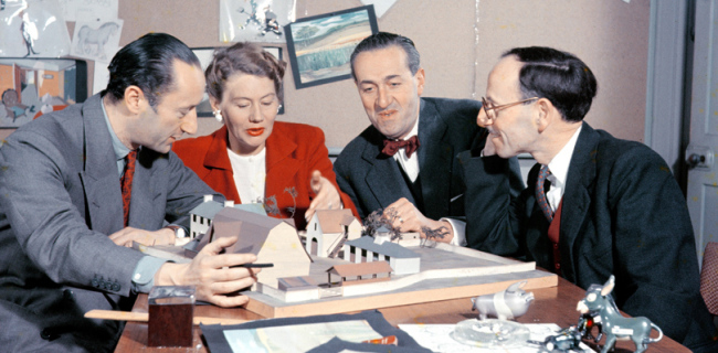 Matyas Seiber (right of picture) with John Halas, Joy Batchelor, and John Reed discuss the models for Animal Farm (1954)